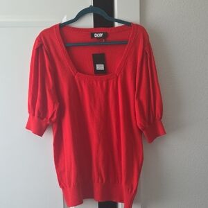 DKNY Red Square Neck Short-Sleeve Sweater